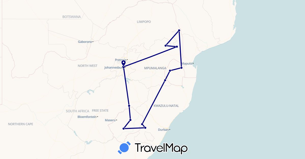 TravelMap itinerary: driving in Lesotho, Swaziland, South Africa (Africa)